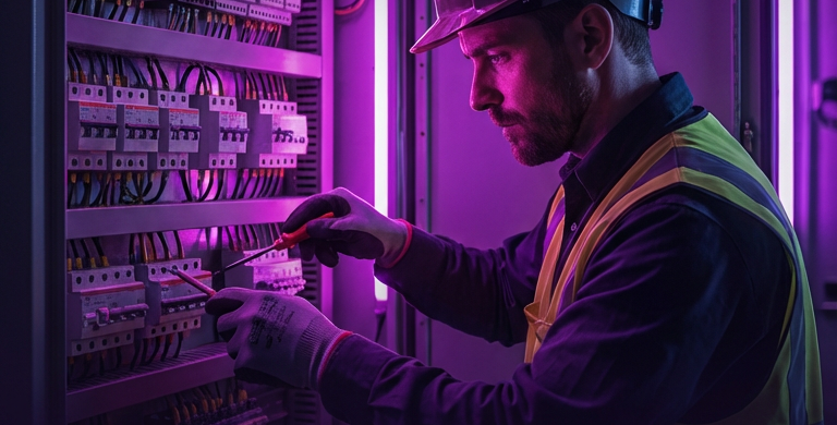 Técnico Tesla realizando manutenção em quadro elétrico