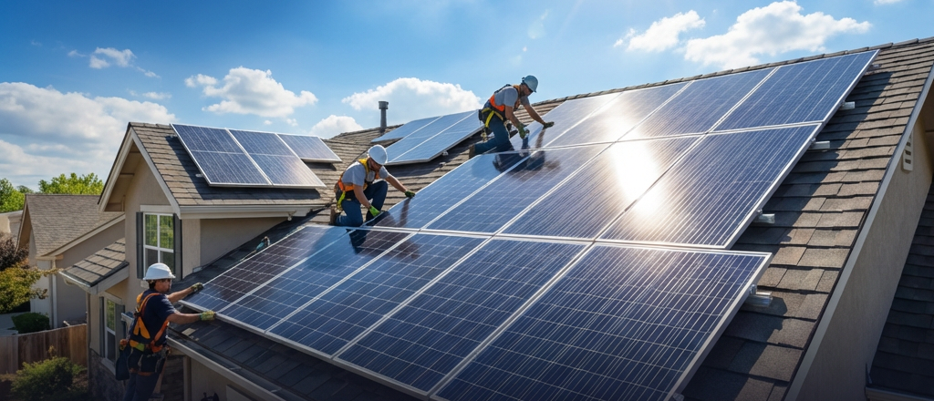 Equipe Tesla instalando painéis solares em telhado residencial